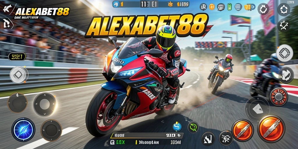Gameplay ALEXABET88 yang mendebarkan dalam balapan motor.