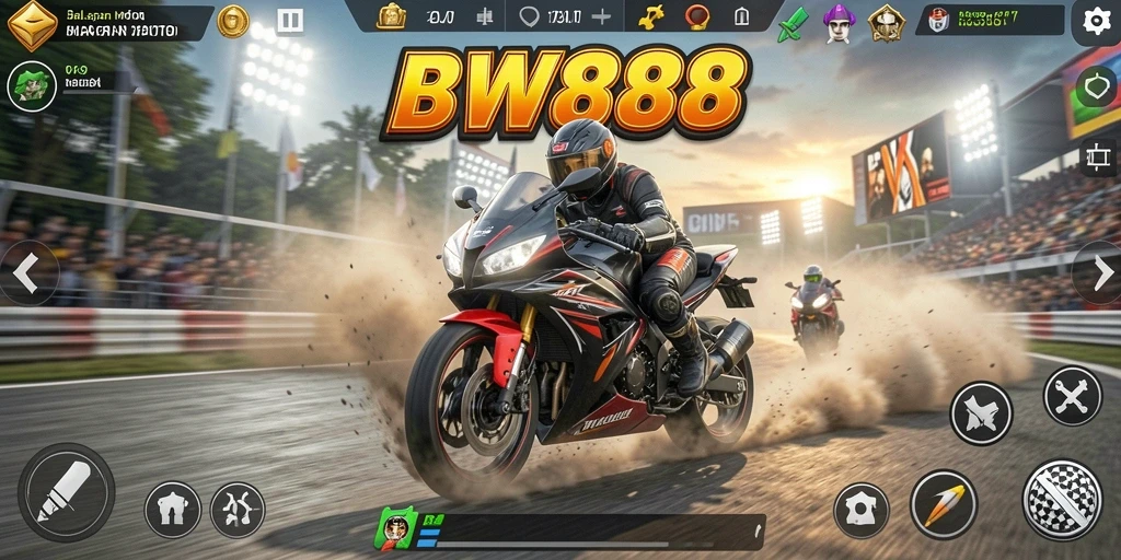 Tangkapan layar BW888 menunjukkan aksi balapan motor yang mendebarkan di lintasan.