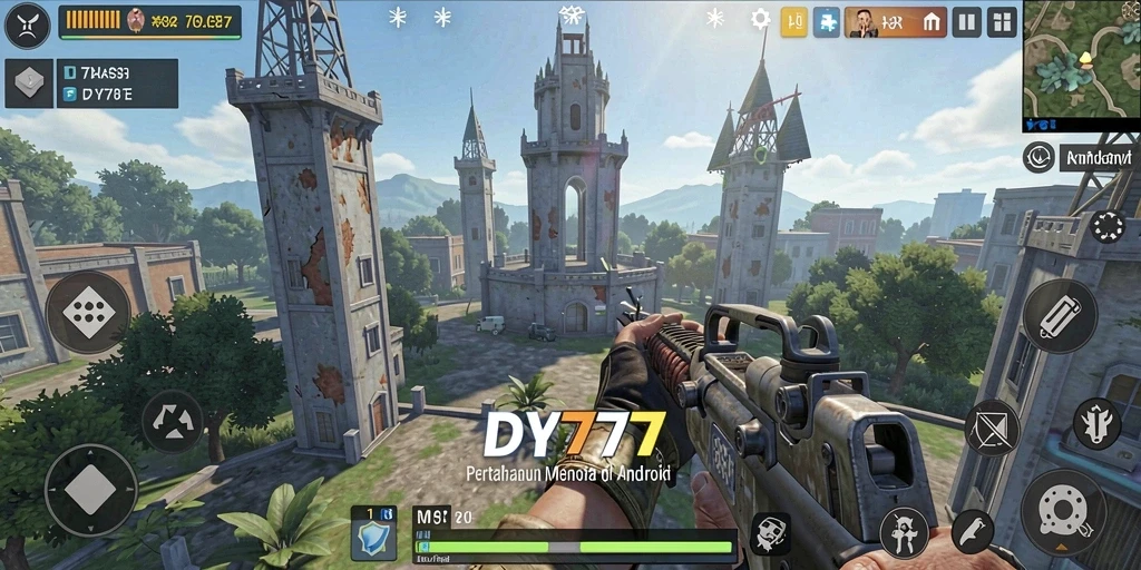 Screenshot gameplay Tower Defense DY777 menunjukkan pertempuran seru dengan menara dan musuh.