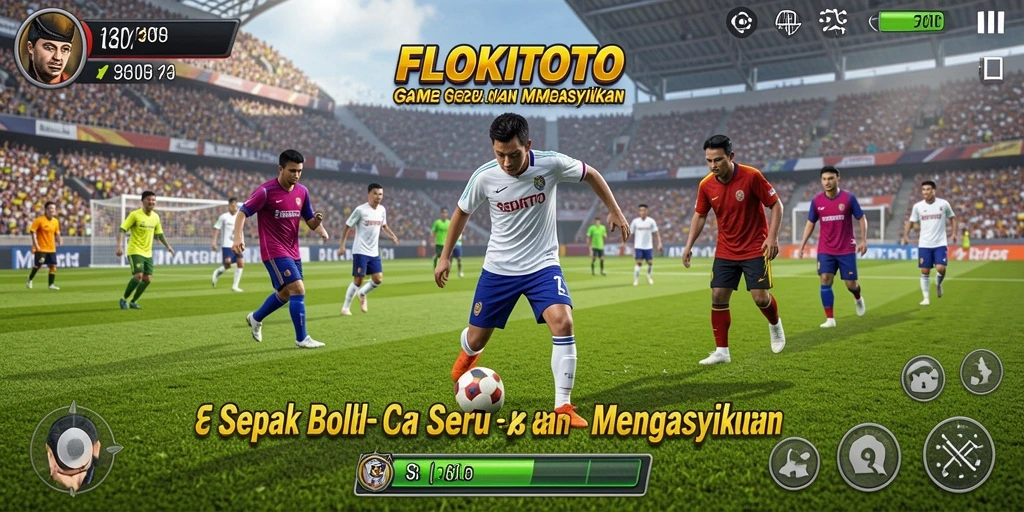 Tangkapan layar dari gameplay menarik di FLOKITOTO, menunjukkan pertandingan sepak bola yang intens.