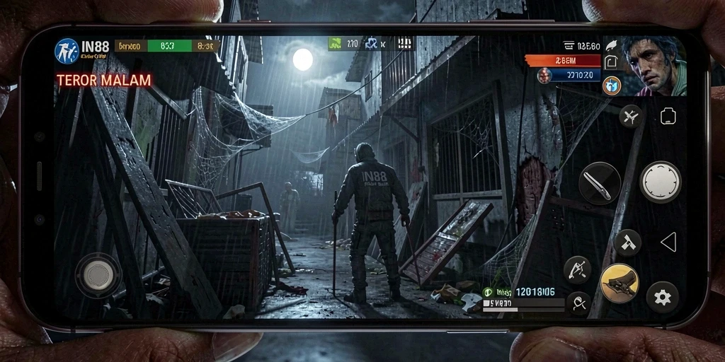 Tampilan gameplay mencekam dengan efek visual yang menakutkan.