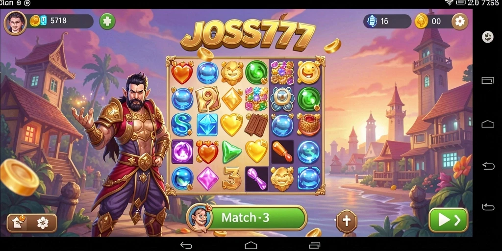Gameplay seru JOSS777 dengan tantangan Match-3 yang menarik.