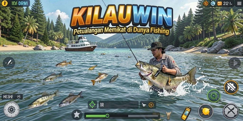 Screenshot utama KILAUWIN menampilkan pengalaman memancing yang seru.