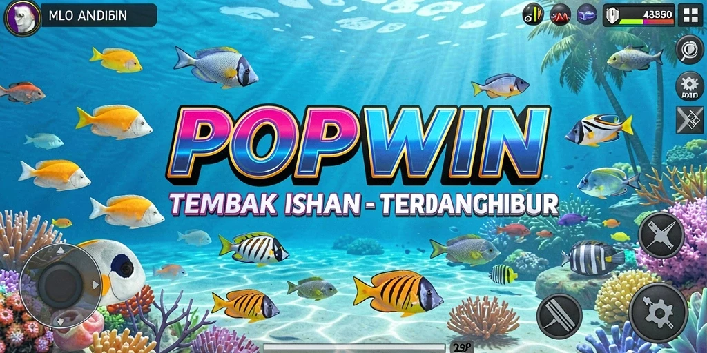 Screenshot POPWIN menampilkan aksi seru menembak ikan di bawah laut.