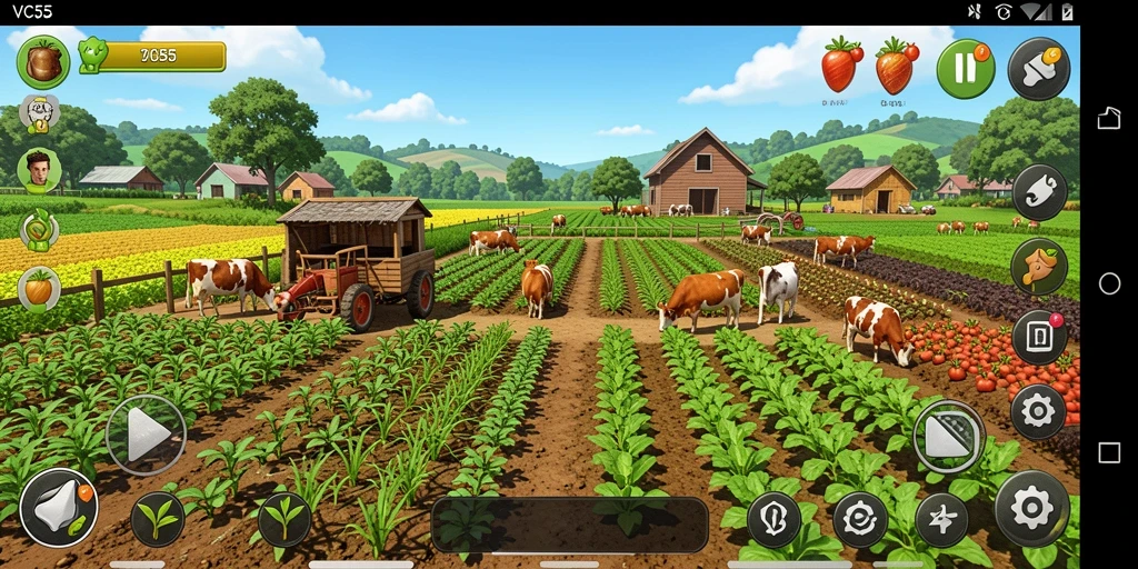 Tangkapan layar utama VC55 menampilkan suasana pertanian yang asri dan gameplay menarik.